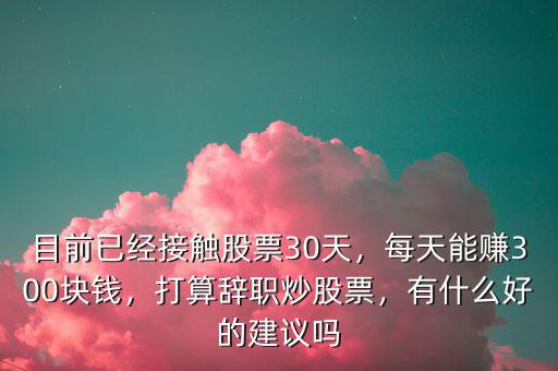 目前已經接觸股票30天，每天能賺300塊錢，打算辭職炒股票，有什么好的建議嗎