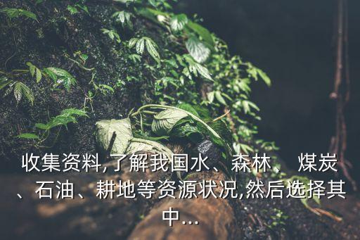 收集資料,了解我國水、森林、 煤炭、石油、耕地等資源狀況,然后選擇其中...